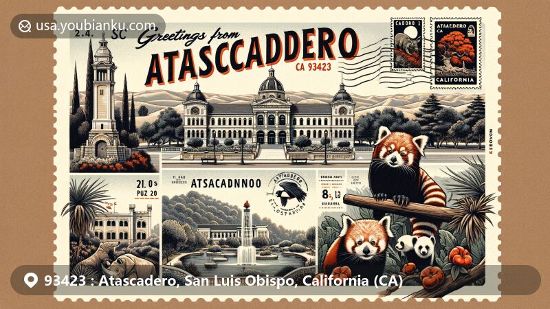 Modern illustration of Atascadero, California, highlighting key landmarks like Atascadero City Hall, Charles Paddock Zoo, vintage postcard theme with 93423 ZIP code, postal elements, and Faces of Freedom Veterans Memorial.