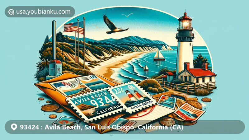 Illustration of Avila Beach, California, capturing the serene coastline with Point San Luis Lighthouse, blending local landmarks with postal elements in vibrant art style.