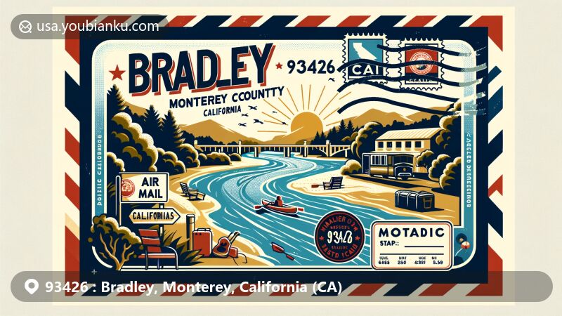 Modern illustration of Bradley, Monterey County, California, showcasing postal theme with ZIP code 93426, featuring a picturesque view of the Salinas River, California state flag, Monterey County outline, recreational symbols, vintage postage stamp, and air mail overlay.