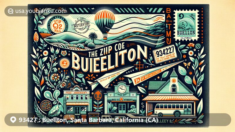 Modern illustration of Buellton, Santa Barbara County, California, with postal theme and ZIP code 93427, showcasing iconic landmarks including Pea Soup Andersen's restaurant and Santa Ynez Valley Botanic Garden.