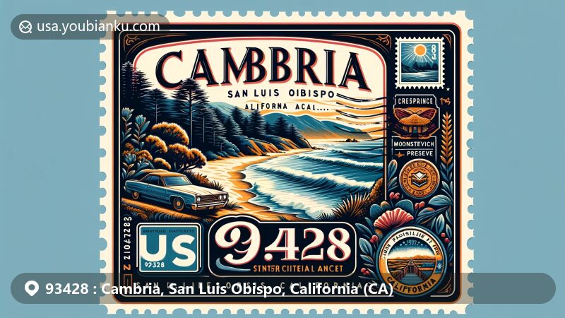Modern illustration of Cambria, San Luis Obispo, California, featuring Moonstone Beach, Fiscalini Ranch Preserve, and the Cambria Christmas Market, with vintage postal elements and a vibrant color scheme.