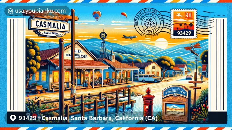 Modern illustration of Casmalia, California, featuring the iconic Hitching Post restaurant and Vandenberg Space Force Base, symbolizing the town's charm and connection to ZIP code 93429.