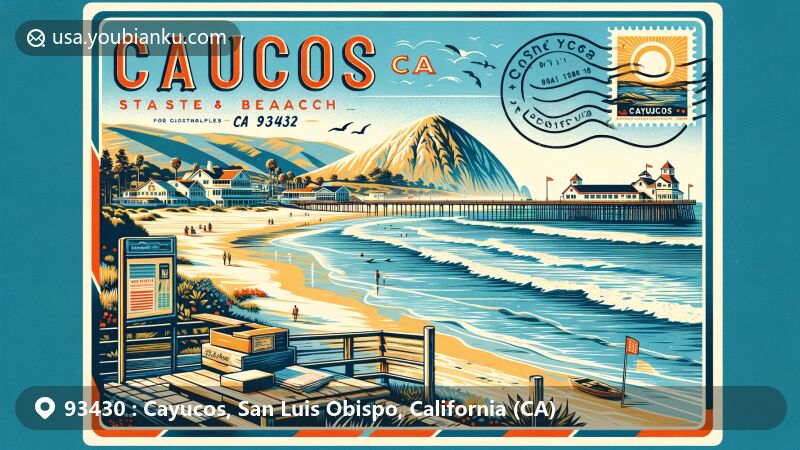 Modern illustration of Cayucos, San Luis Obispo County, California, featuring postal theme with ZIP code 93430.