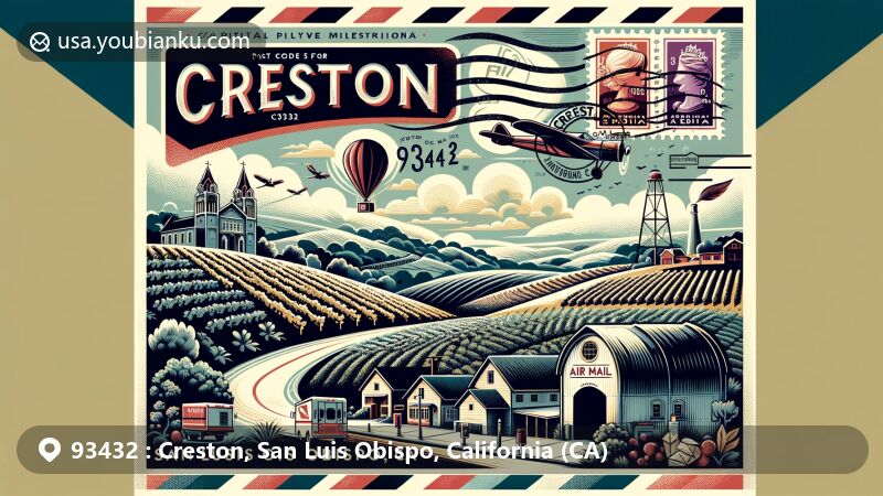 Vintage-style illustration of Creston, San Luis Obispo County, California, featuring postal elements with postal code '93432' and classic airmail red and blue stripe, showcasing rural charm and viticultural area symbolism.