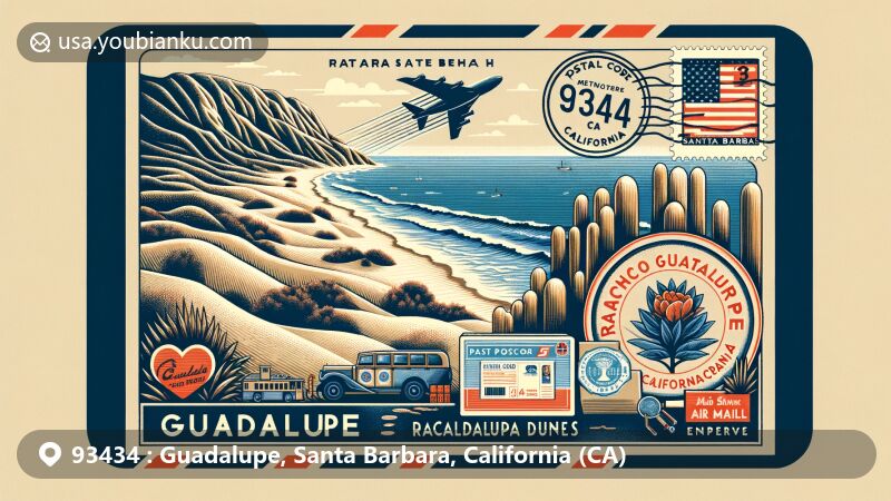 Modern illustration of Guadalupe, Santa Barbara County, California, blending regional features with postal details for ZIP code 93434, showcasing Point Sal State Beach and Rancho Guadalupe Dunes Preserve.