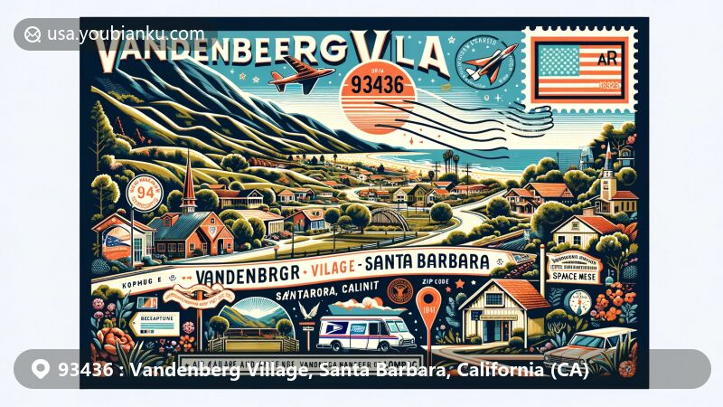 Modern illustration of Vandenberg Village, Santa Barbara, California, featuring Vandenberg Space Force Base, Lompoc hills, and Burton Mesa Ecological Reserve in a postcard style with vintage stamp, postmark '93436', and postal vehicle.