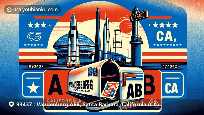 Creative illustration of Vandenberg Space Force Base in California, featuring California state flag elements and symbolic mailbox with postcard saying '93437 Vandenberg AFB, CA'.