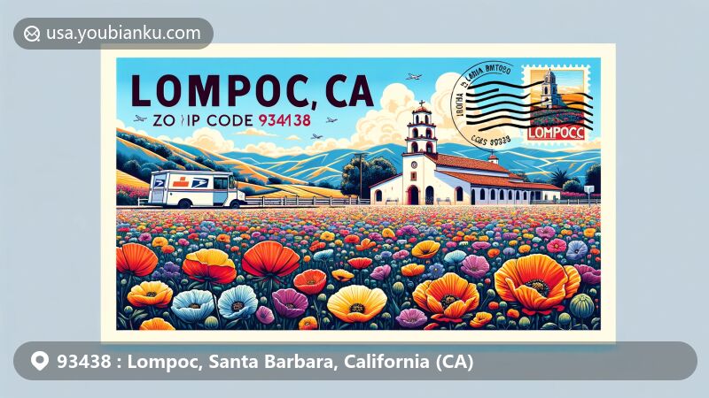 Modern illustration of Lompoc, California, showcasing vibrant flower fields and La Purisima Mission, known for its beauty blooming from April to September, set in a postcard theme featuring postal elements and ZIP code 93438.