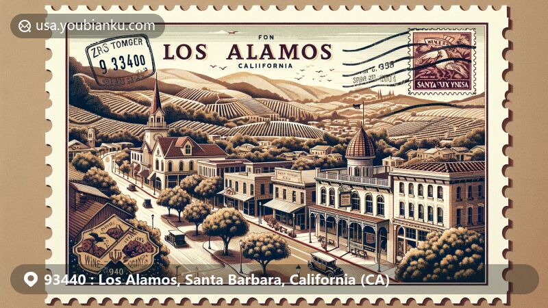 Vintage-style illustration of Los Alamos, California, with ZIP code 93440, capturing the essence of Santa Ynez Valley's landscape, Bell Street's Old West charm, and postal theme.