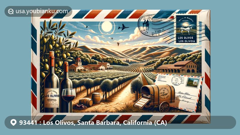 Whimsical depiction of Los Olivos, California, showcasing its wineries, olive groves, and scenic beauty within an airmail envelope with red and blue stripes, under a sunny sky.