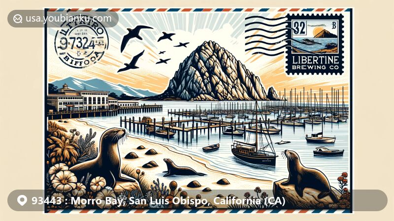 Modern illustration of Morro Bay, California, featuring iconic Morro Rock, harbor, sea otters, and the craft beer culture with The Libertine Brewing Company.