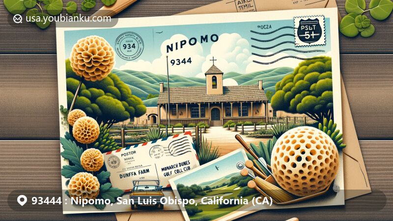 Modern illustration of Nipomo, San Luis Obispo County, California, depicting a postal theme with ZIP code 93444, showcasing local attractions like the luffa farm, Monarch Dunes Golf Club, and Nipomo Community Park.