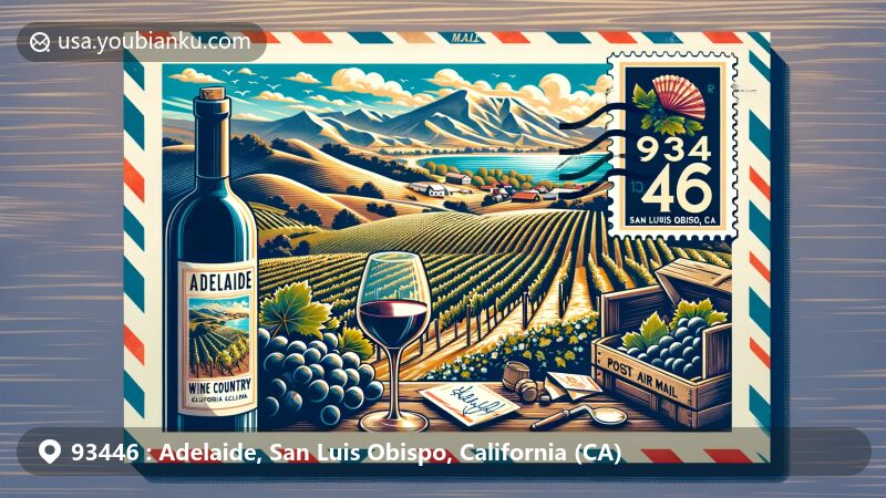 Modern illustration of Adelaide, San Luis Obispo County, California, showcasing wine country with vineyards, Santa Lucia Mountains backdrop, wine bottle, glasses, grapes, and vintage air mail envelope with postal stamp depicting U.S. ZIP code 93446.