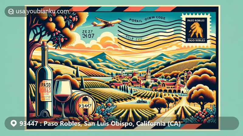 Creative illustration of Paso Robles, San Luis Obispo County, California, on a postal airmail envelope, showcasing hot springs, wineries, almond orchards, and oak trees. Includes scenic hills, vineyards, and California state flag emblem.