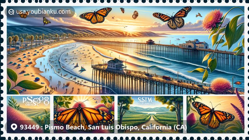 Contemporary illustration of Pismo Beach, San Luis Obispo County, California, capturing the iconic Pismo Pier jutting into the glittering sea, bustling beach with surfers and beachgoers, and Pismo clams signifying the city's 'Clam Capital of the World' title. Also featuring Monarch butterflies at Pismo State Beach Monarch Butterfly Grove and a vineyard scene hinting at the region's renowned wine country.