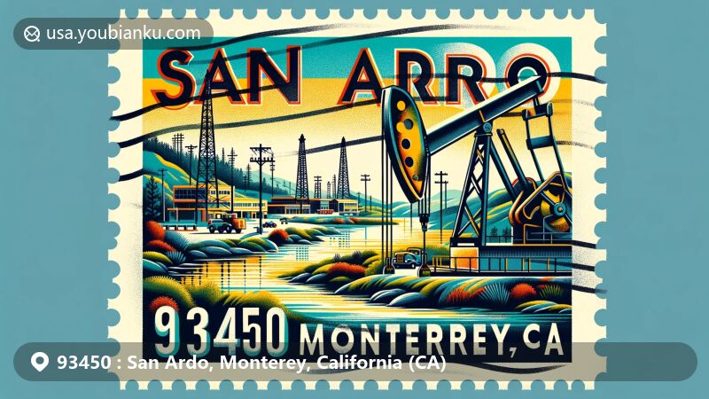 Modern illustration of San Ardo, Monterey County, California, featuring a creative airmail envelope design with San Ardo Oil Field, Salinas River, and vintage postage stamp elements.