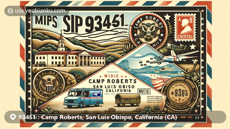 Modern illustration of Camp Roberts, San Luis Obispo, California, inspired by airmail envelope design with ZIP code 93451, featuring Camp Roberts and Mission San Miguel de Archangel.