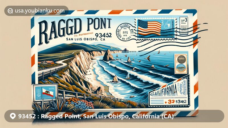 Modern illustration of Ragged Point, San Luis Obispo, California, featuring coastal cliffs and a postcard design with ZIP code 93452 and California state flag.