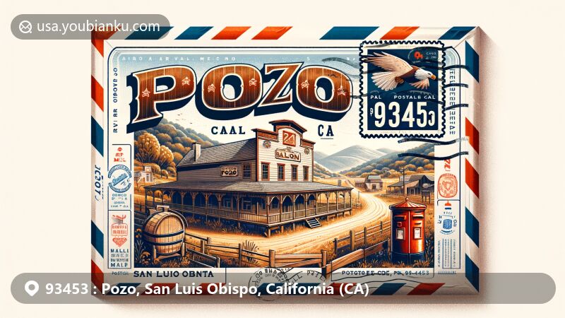 Modern illustration of Pozo Saloon in Pozo, California, situated in a vintage air mail envelope with iconic postal elements and scenic beauty, showcasing postal theme with ZIP code 93453.