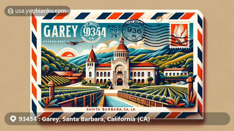 Modern illustration of Garey, Santa Barbara County, California, featuring iconic Santa Barbara County Courthouse, lush landscapes, vintage air mail envelope, and postal elements like postage stamp and postal mark.