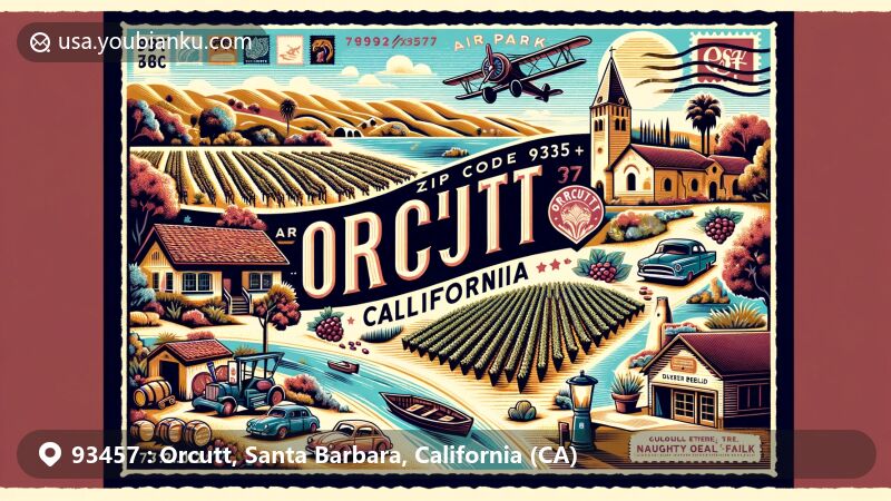 Modern illustration of Orcutt, Santa Barbara County, California, reflecting vineyards, Naughty Oak Brewing Company, and Waller Park, with vintage postal elements like oil field stamps, honoring history with ZIP code 93457 and town name Orcutt.