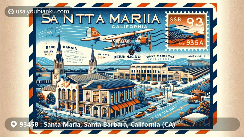 Modern illustration of Santa Maria, California, showcasing postal theme with ZIP code 93458, featuring Santa Maria Museum of Flight, Bien Nacido Vineyards, and Santa Maria Valley Historical Society Museum.