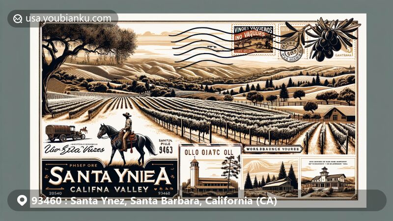 Modern illustration of Santa Ynez area, Santa Barbara County, California, featuring rolling vineyard-covered hills, ancient oak trees, Vino Vaqueros horseback riding through vineyards, and olive orchard with ripe olives turning black, reflecting the wine country and natural beauty of Santa Ynez. Postal elements include vintage style stamp, handwritten '93460' ZIP code, and decorative elements like postmarks and airmail stripes.