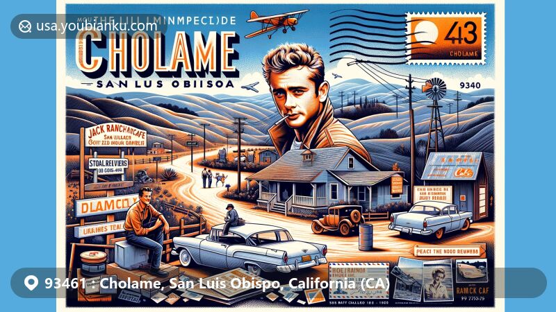 Modern illustration of Cholame, San Luis Obispo County, California, showcasing the James Dean Memorial and postal elements, with ZIP code 93461, highlighting rural landscape and cultural significance.
