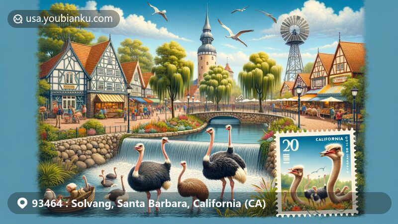 Modern illustration of Solvang, Santa Barbara County, California, with ZIP code 93464, highlighting Danish village charm and iconic landmarks like Solvang Festival Theater, OstrichLand USA, and vibrant farmers' market.
