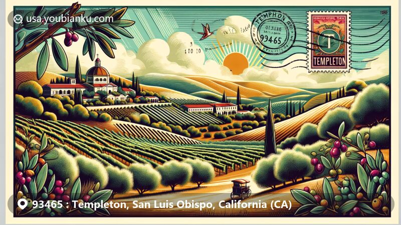 Illustration of Templeton, San Luis Obispo County, California, capturing the essence of its renowned vineyards and olive groves under a Mediterranean climate, complemented by vintage postcard aesthetics.
