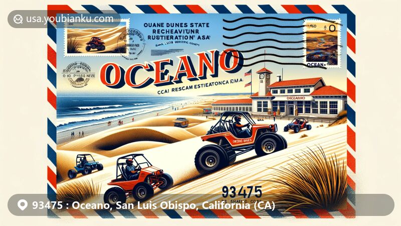 Dynamic illustration of Oceano, San Luis Obispo, California, depicting Oceano Dunes State Vehicular Recreation Area and off-road vehicles on sandy dunes along the Pacific Ocean, capturing the spirit of outdoor adventure and community heritage.