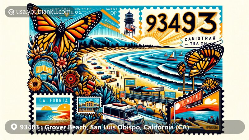 Modern illustration of Grover Beach, California, highlighting ZIP code 93483, featuring coastal scenes, Monarch Butterfly Grove, Pismo State Beach, and sunny ambiance.