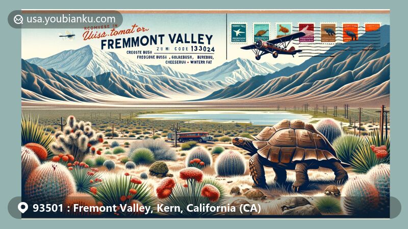 Modern illustration of Fremont Valley, Kern County, California, capturing the unique desert landscape of Mojave Desert with features like Coyote Dry Lake, Desert Tortoise Preserve, and Creosote Bush community, set against the backdrop of Rand Mountains, Sierra Nevada Mountains, and Tehachapi Mountains. Includes postal elements like vintage postcard layout, airplane envelope, postage stamp featuring local wildlife, and '93501' postal code mark.