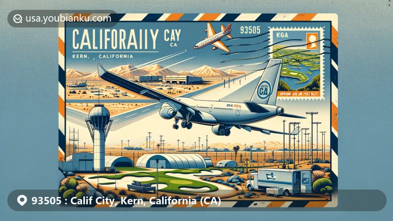 Modern illustration of California City, Kern, California, highlighting postal theme with ZIP code 93505, featuring Edwards Air Force Base and PGA golf course postcard.