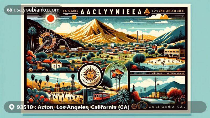 Modern illustration of Acton, Los Angeles County, California, depicting town's gold mining history and natural beauty with San Gabriel Mountains, featuring Red Rover Mine and Governor Mine equipment, representing warm-summer Mediterranean climate, showcasing outdoor lifestyle and community gathering in Acton Park.