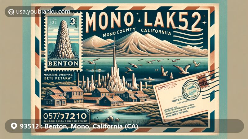 Modern illustration of Benton area in Mono County, California, featuring vintage airmail envelope with postage stamp showing Mono Lake, historical town of Benton, natural hot springs, Sierra Nevada rain shadow landscape, and subtle references to mining history and extreme climate.