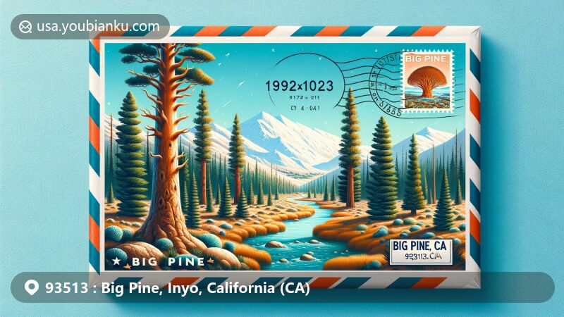 Modern illustration of Big Pine, Inyo County, California, featuring postal theme with ZIP code 93513, showcasing Ancient Bristlecone Pine Forest.