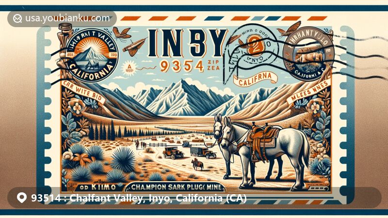 Modern illustration of Chalfant Valley, Inyo County, California, emphasizing outdoor activities and natural beauty in the postal code region 93514, featuring iconic landmarks like Champion Spark Plug Mine trail and Chalfant Big Trees Farm & Feed.