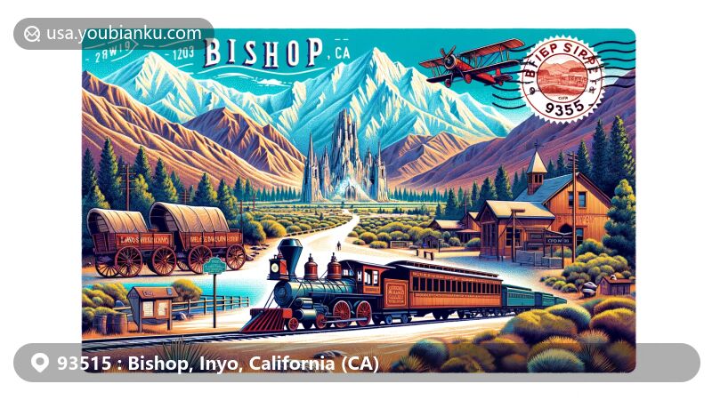 Modern illustration of Bishop, California, ZIP code 93515, capturing the charm of Inyo County. Features Laws Railroad Museum with 20 mule team borax wagons, Slim Princess Engine No. 9, Owens Valley, and Sierra Nevada.
