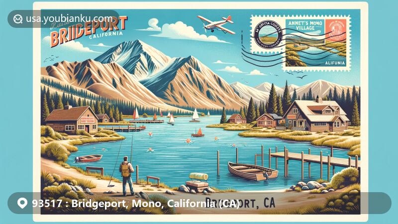 Modern illustration of Bridgeport, Mono County, California, portraying Eastern Sierras landscape with Annett's Mono Village and Upper Twin Lake, highlighting fishing, family vacations, and outdoor activities in a postcard style design.