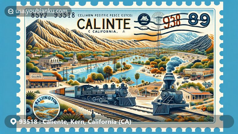 Modern illustration of Caliente, Kern County, California, capturing ZIP code 93518, featuring Kern River, hills, Southern Pacific Railroad, Caliente post office, Bealville landmark, and Remington Hot Springs.