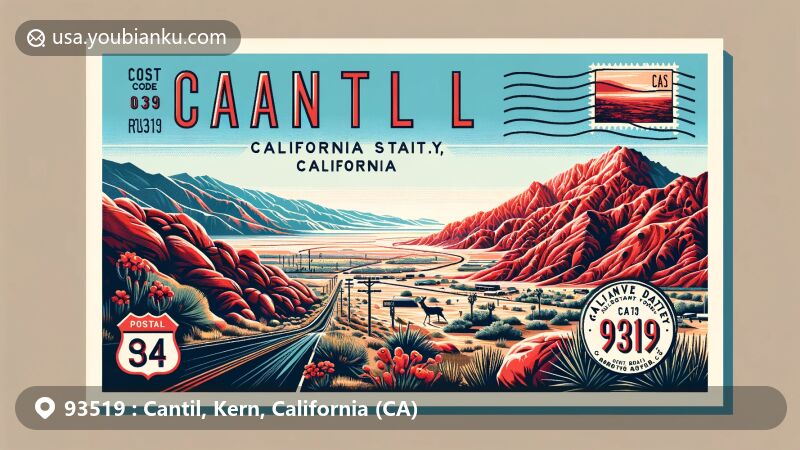 Modern illustration of Cantil, Kern County, California, capturing the natural beauty and rugged terrain of the Mojave Desert with Red Rock Canyon, featuring California State Route 14 and unique desert flora or fauna. Postal theme includes vintage stamp with California outline and 'Cantil, CA 93519' postal mark.