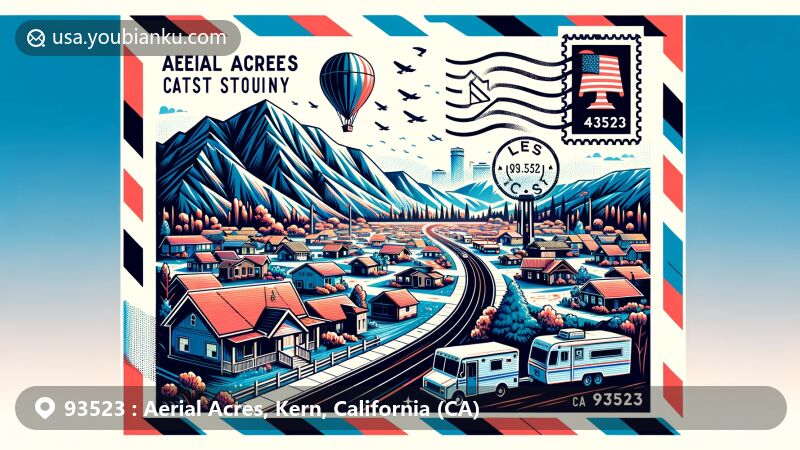 Modern illustration of ZIP Code 93523 in Aerial Acres, Kern County, California, showcasing creative postcard design with iconic symbols like postal stamp and American flag, set against backdrop of Castle Butte and State Highway 58.