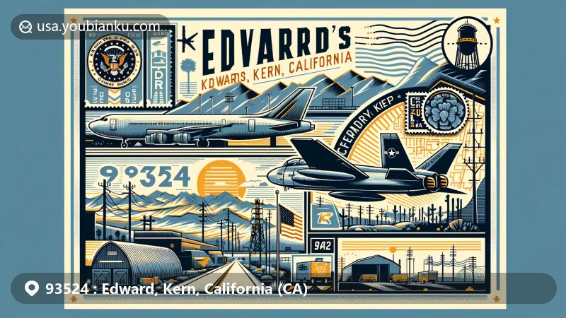 Modern illustration of Edwards area, Kern County, California, highlighting aerospace significance of Edwards Air Force Base, including aircraft, California state flag, Kern County silhouette, postal elements, and ZIP code 93524.