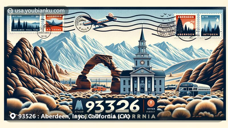 Modern illustration of Aberdeen, Inyo County, California, for ZIP code 93526, blending postal elements with local landmarks like Alabama Hills, Mt. Whitney, and the Ancient Bristlecone Pine Forest.