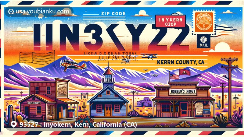 Modern illustration of Inyokern, Kern County, California, capturing the essence of the ZIP code 93527 area with desert landscapes, Robber's Roost Ghost Town, Inyokern Airport, and California state flag design.