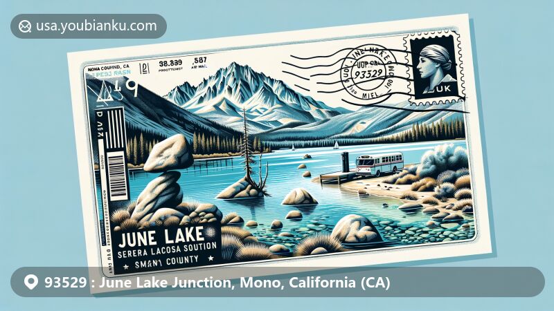 Modern illustration of June Lake Junction, Mono County, California, highlighting postal theme with ZIP code 93529, featuring stunning landscapes and recreational activities.