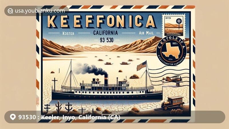 Modern illustration of Keeler, California, featuring Owens Lake, historic steamship Bessie Brady, California state flag, and Inyo County outline.