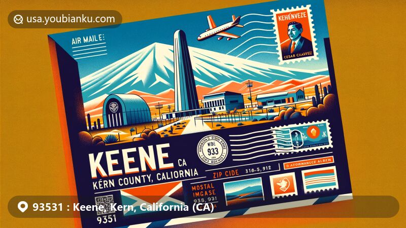 Modern illustration of Keene, Kern County, California, featuring César E. Chávez National Monument, air mail elements, and ZIP code 93531, reflecting historical significance and postal theme.