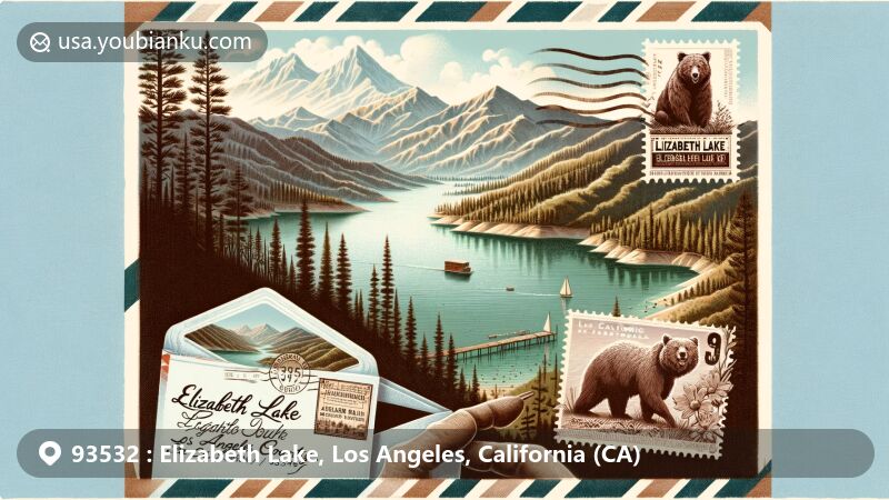 Modern illustration of Elizabeth Lake in Los Angeles County, California, surrounded by Sierra Pelona Mountains and Angeles National Forest, featuring vintage postcard theme with postal elements, stamp, postmark, and script naming the lake.